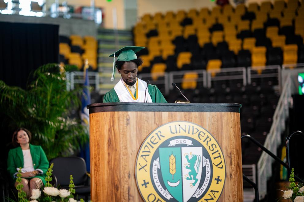 PHOTO: In a valedictorian address, Elijah Hogan thanked the community at Cohen High School for helping him and his fellow students succeed.