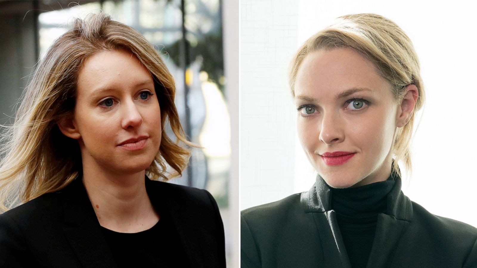 PHOTO: In this July 17, 2019 file photo Former Theranos CEO Elizabeth Holmes leaves after a hearing at a federal court in San Jose, Calif. (Right) Amanda Seyfried as Elizabeth Holmes in "The Dropout."