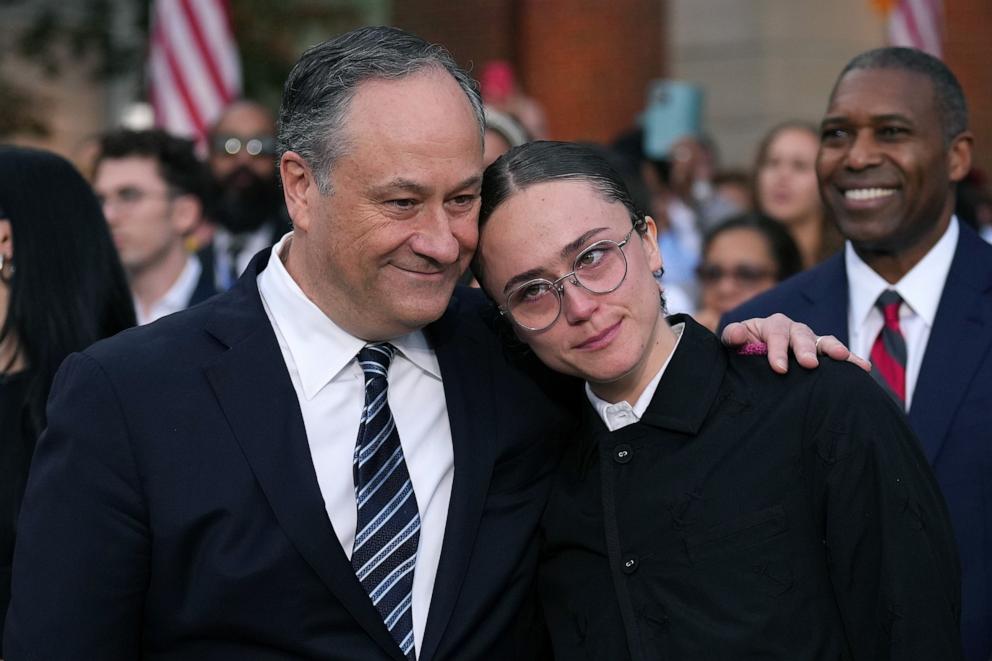 PHOTO: Second gentleman Doug Emhoff and Ella Emhoff react after Democratic presidential nominee, U.S. Vice President Kamala Harris conceded the election in a speech at Howard University on Nov. 06, 2024 in Washington, D.C.