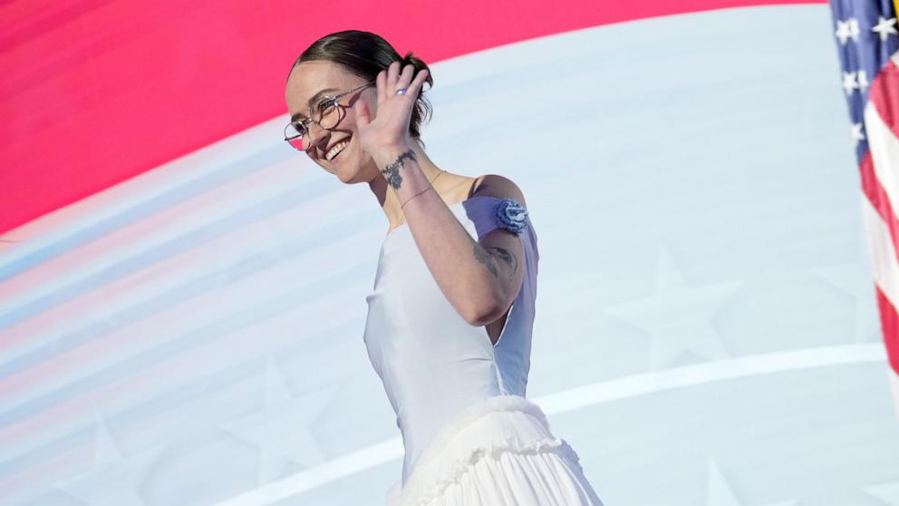 PHOTO: Ella Emhoff, daughter of second gentleman Doug Emhoff and Vice President Kamala Harris, arrives to speak on stage during the final day of the Democratic National Convention at the United Center on Aug. 22, 2024 in Chicago.