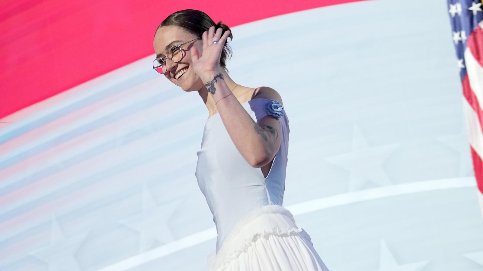 PHOTO: Ella Emhoff, daughter of second gentleman Doug Emhoff and Vice President Kamala Harris, arrives to speak on stage during the final day of the Democratic National Convention at the United Center on Aug. 22, 2024 in Chicago.