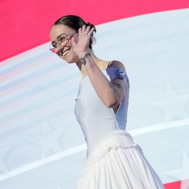 PHOTO: Ella Emhoff, daughter of second gentleman Doug Emhoff and Vice President Kamala Harris, arrives to speak on stage during the final day of the Democratic National Convention at the United Center on Aug. 22, 2024 in Chicago.