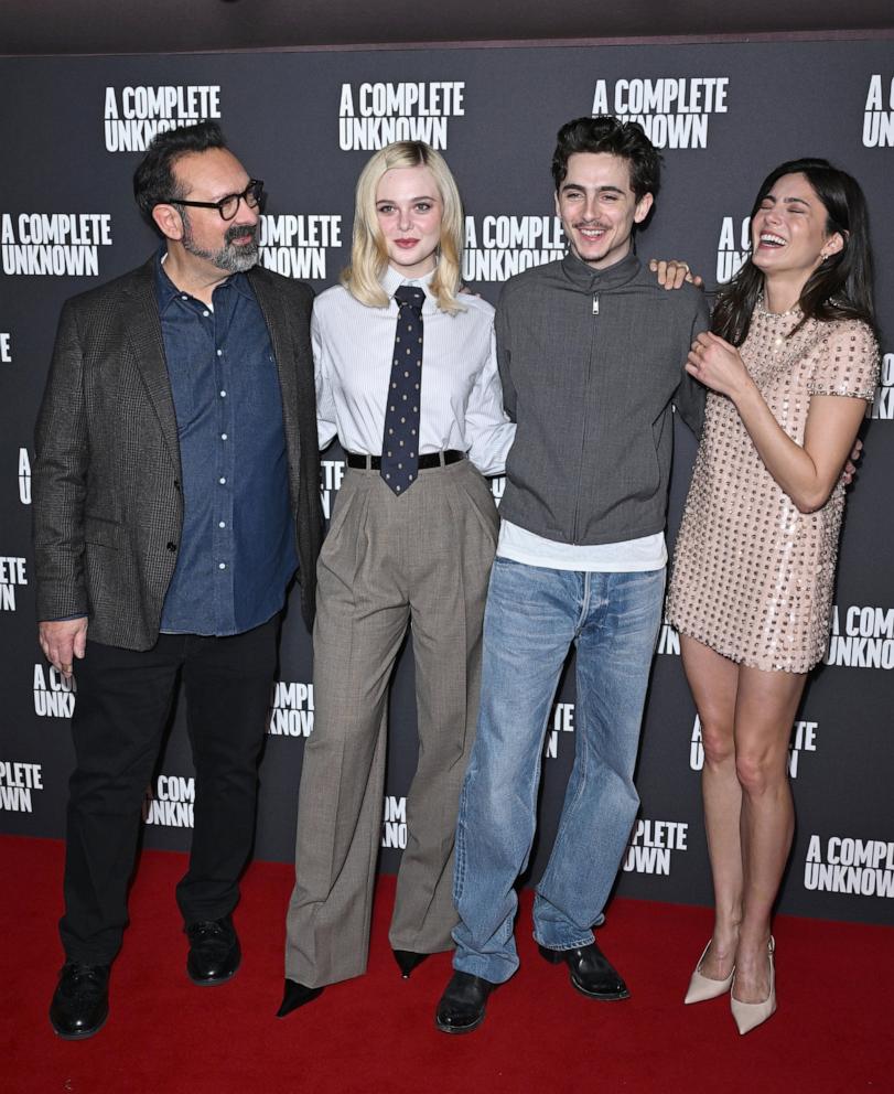 PHOTO: James Mangold, Elle Fanning, TimothÃ©e Chalamet and Monica Barbaro attend the UK photocall of Searchlight Pictures' "A Complete Unknown" at the Curzon Mayfair on December 16, 2024 in London, England.