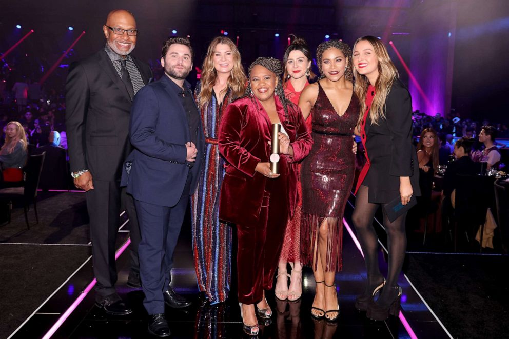 PHOTO: James Pickens Jr., Jake Borelli, Ellen Pompeo, Chandra Wilson, Caterina Scorsone, Kelly McCreary, and Camilla Luddington pose onstage during the 2022 People's Choice Awards, Dec. 6, 2022, in Santa Monica, Calif.