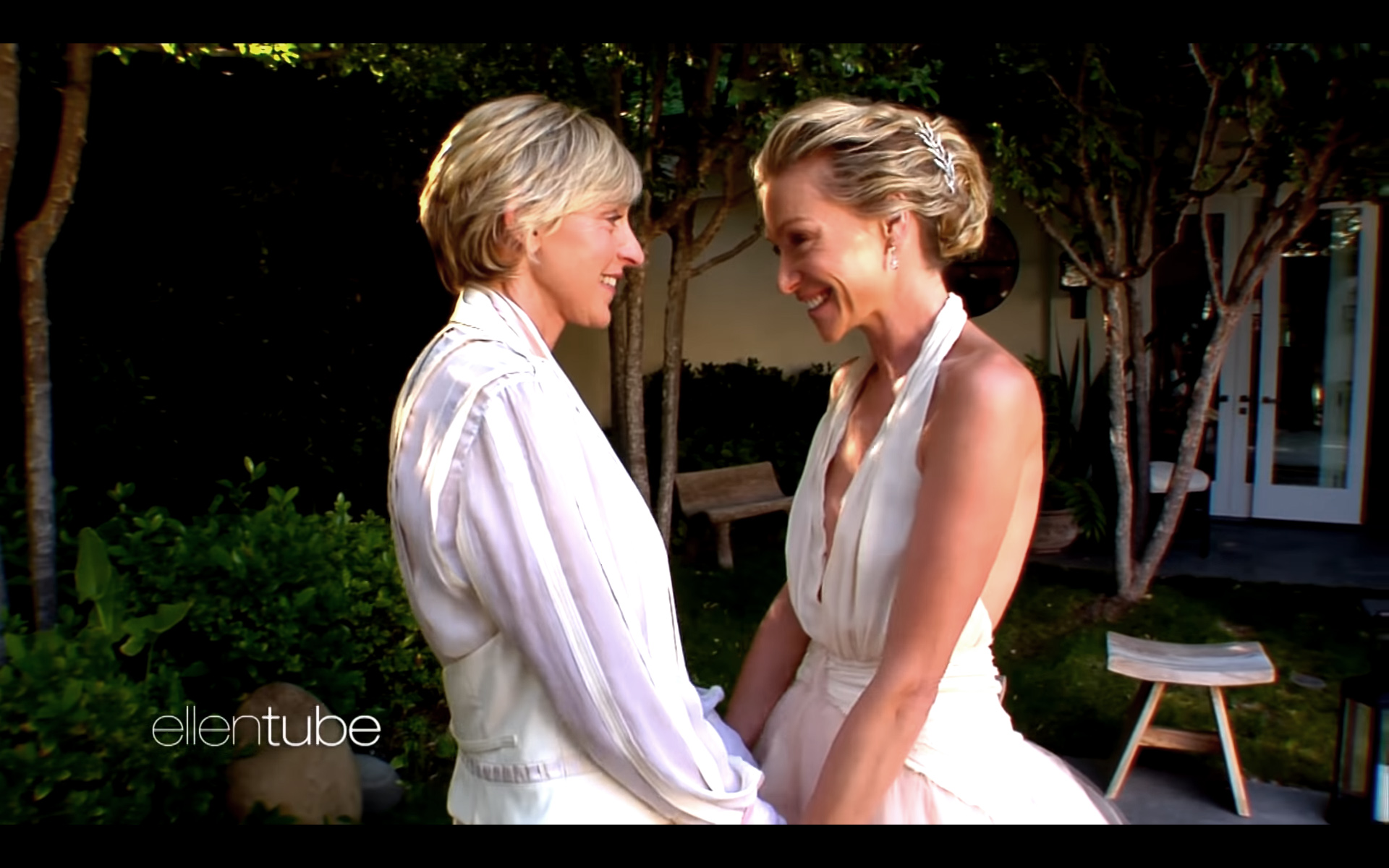 PHOTO: Ellen DeGeneres and Portia de Rossi are pictured in an image made from a video posted to YouTube on Aug. 16, 2018 with the title, "Revisit Ellen & Portia's Wedding Day on Their 10th Anniversary."