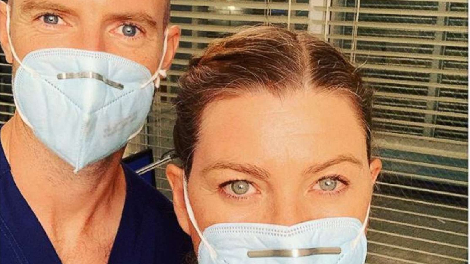 PHOTO: Ellen Pompeo and Richard Flood are seen in a selfie wearing masks while portraying their Grey's Anatomy's characters of Dr. Meredith Grey and Dr. Cormac Hayes, in an image posted to Pompeo's Instagram account.