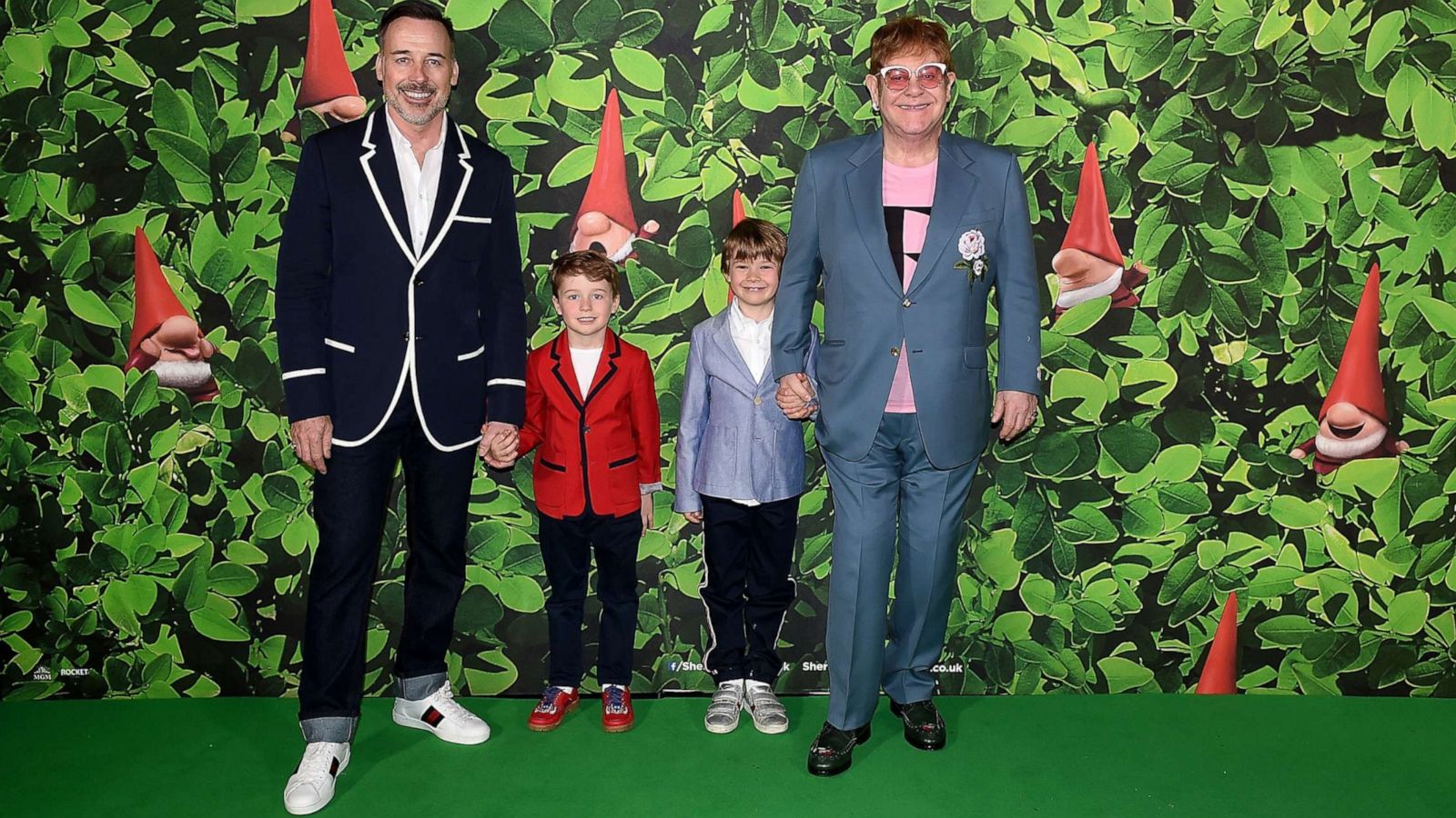 PHOTO: David Furnish and Elton John with sons Elijah and Zachary attending the 'Sherlock Gnomes' London Family Gala at Cineworld Leicester Square, April 22, 2018, in London.