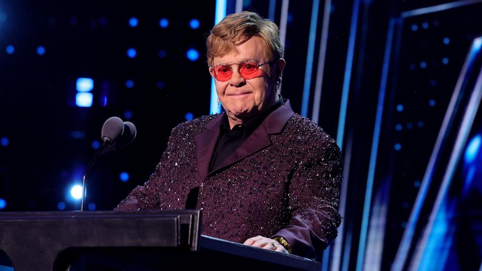 PHOTO: Elton John speaks onstage during the 38th Annual Rock & Roll Hall Of Fame Induction Ceremony at Barclays Center on Nov. 03, 2023 in New York City. 