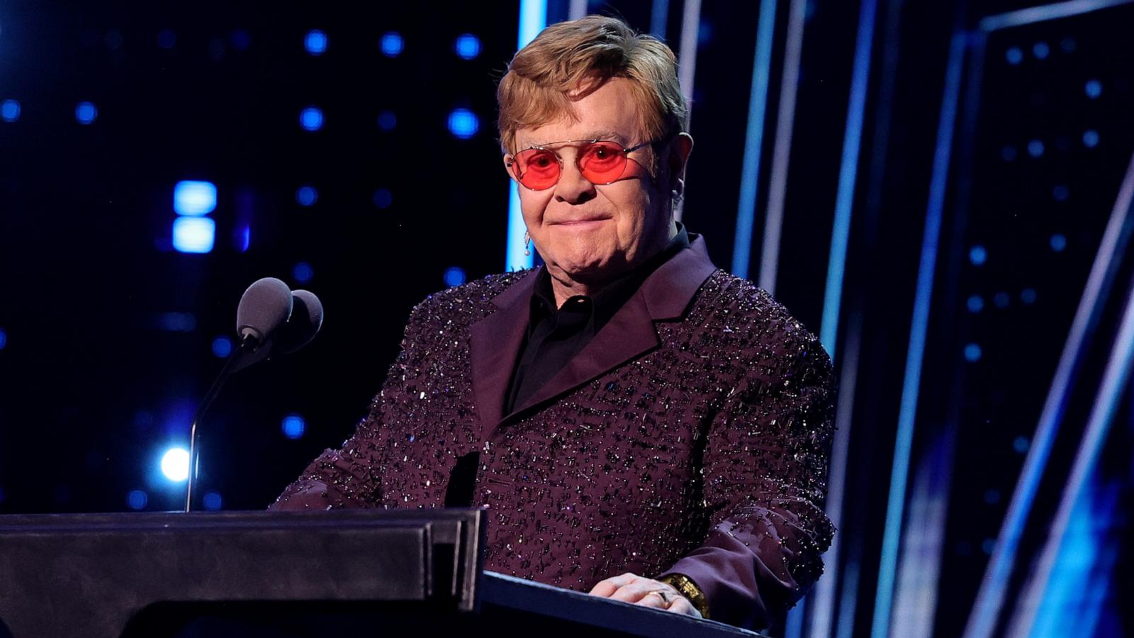 PHOTO: Elton John speaks onstage during the 38th Annual Rock & Roll Hall Of Fame Induction Ceremony at Barclays Center on Nov. 03, 2023 in New York City.