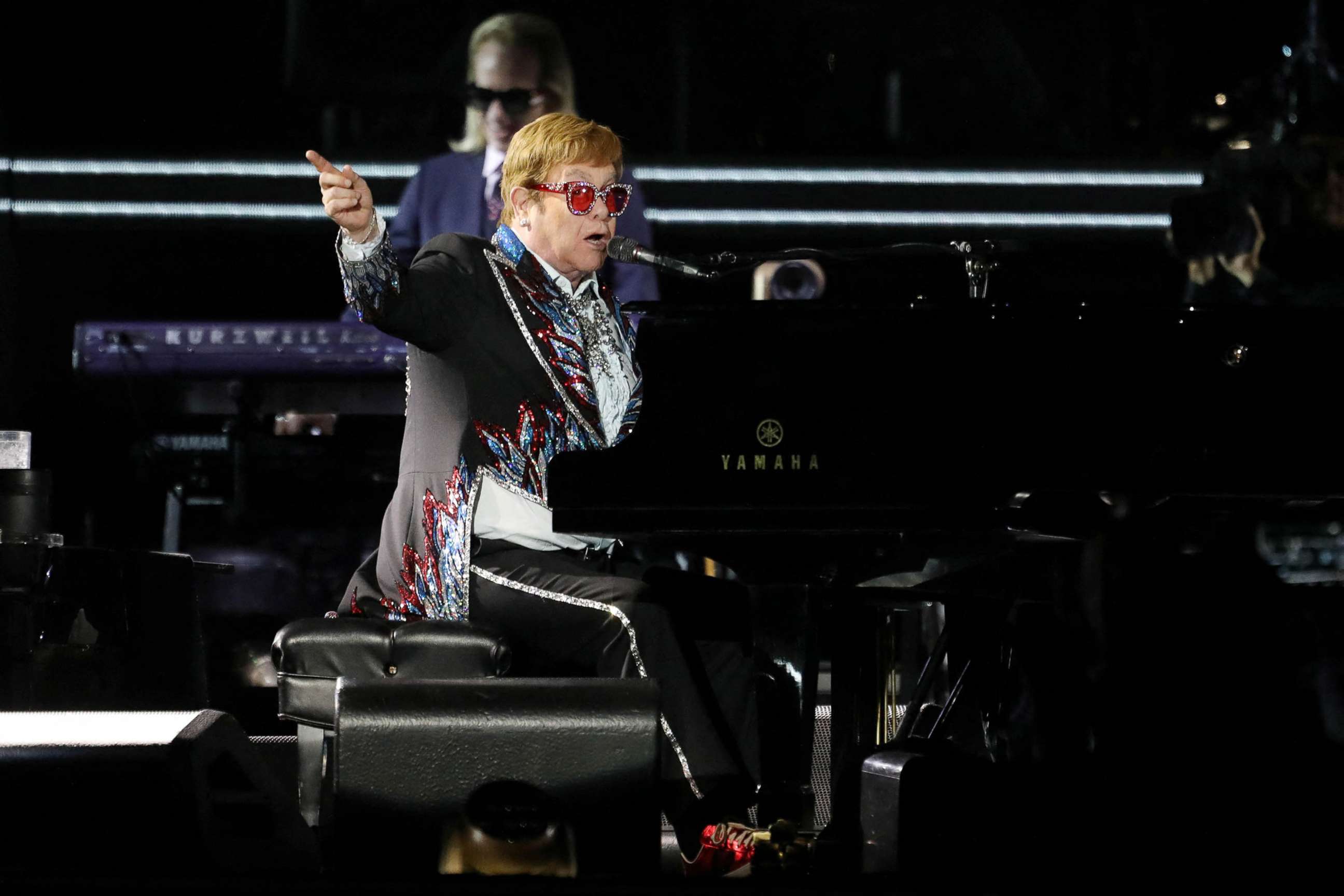 PHOTO: Elton John performs "Bennie and the Jets" as he wraps up the U.S. leg of his 'Yellow Brick Road' tour at Dodger Stadium in Las Angeles, Nov. 20, 2022.