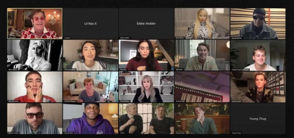 PHOTO: Dua Lipa, Stevie Nicks, Miley Cyrus, Stevie Wonder, Charlie Puth, Nicki Minaj, Jimmie Allen and more appear in a video with Elton John posted on YouTube on Dec. 21, 2021.