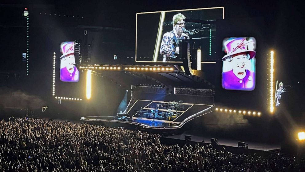 PHOTO: Images of Queen Elizabeth are projected during Elton John's concert, Sept. 8, 2022, in Toronto. 