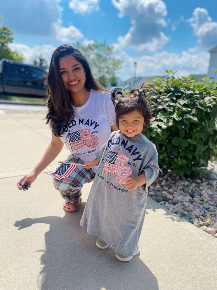 Aliza Mazhar and her daughter Manha Hussain based in Toledo, OH and originally from Pakistan, posed for Old Navy's latest 2021 flag tee launch. 