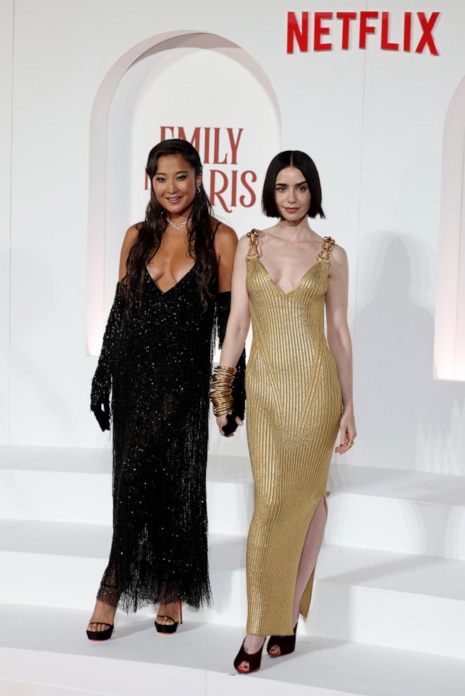 PHOTO: Lily Collins and Ashley Park attend "Emily In Paris" fourth season red carpet at Space Cinema Moderno Roma, Sept. 10, 2024, in Rome.