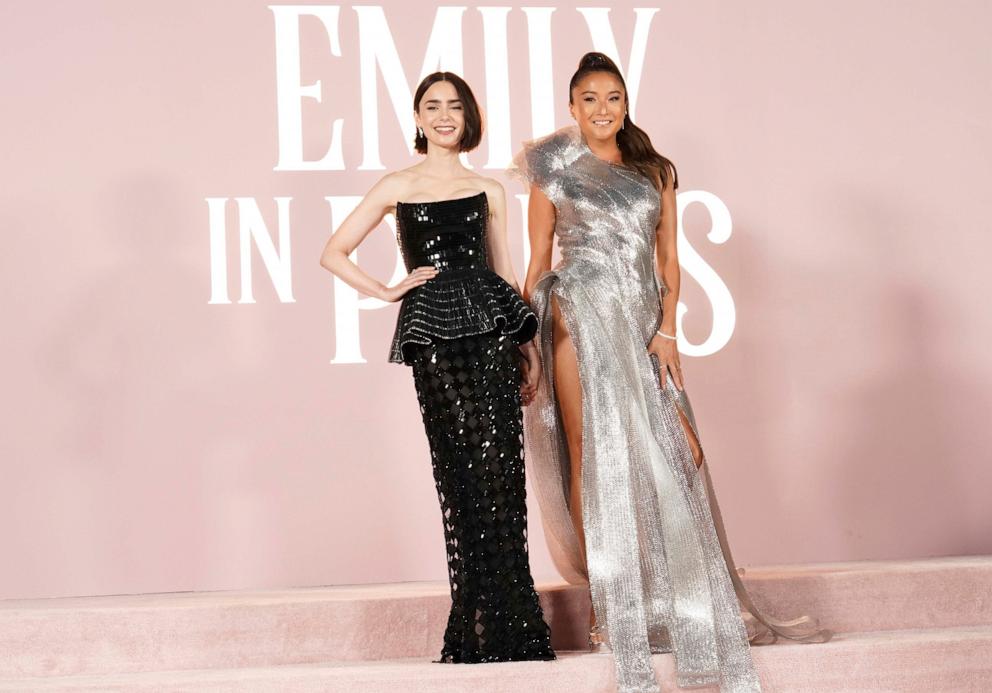 PHOTO: Lily Collins, left, and Ashley Park arrive at the premiere of "Emily in Paris" at the Egyptian Theatre, Aug. 14, 2024, in Los Angeles. 