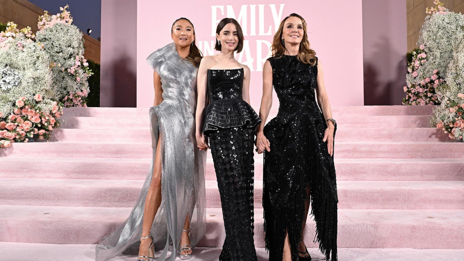 PHOTO: Ashley Park, left, Lily Collins, center, and Philippine Leroy-Beaulieu attend the Premiere of Netflix's "Emily in Paris" Season Four Part One at The Egyptian Theatre Hollywood, Aug. 14, 2024, in Los Angeles.