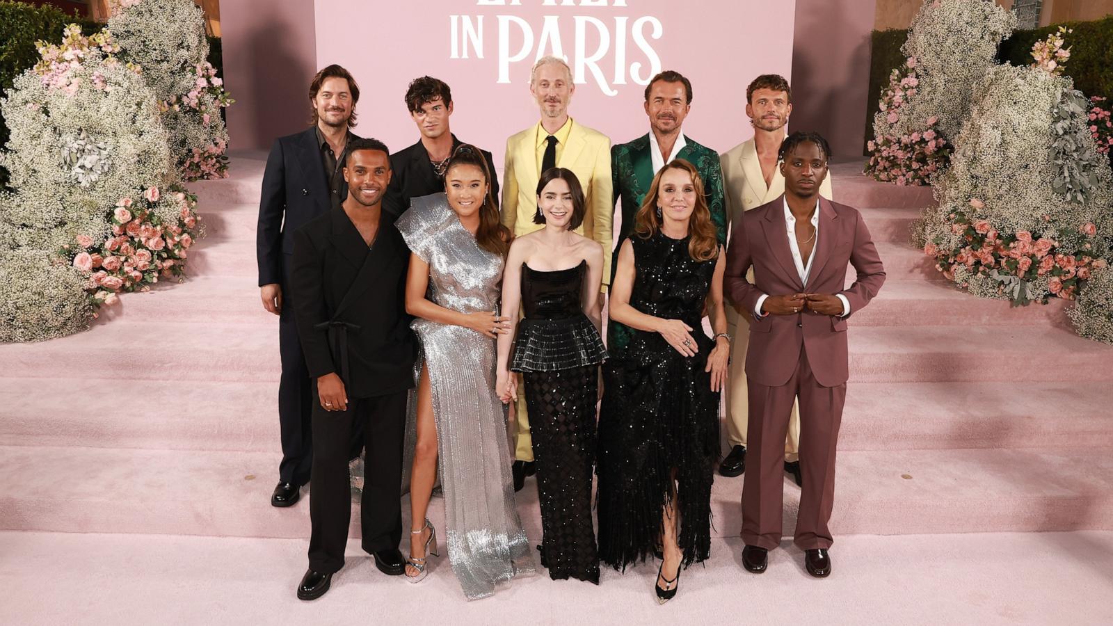 PHOTO: Lucas Bravo, Lucien Laviscount, Paul Forman, Ashley Park, Bruno Gouery, Lily Collins, William Abadie, Philippine Leroy-Beaulieu, Arnaud Binard, and Samuel Arnold attend the Emily In Paris Season 4 Part 1 LA Premiere on Aug. 14, 2024 in Los Angeles.