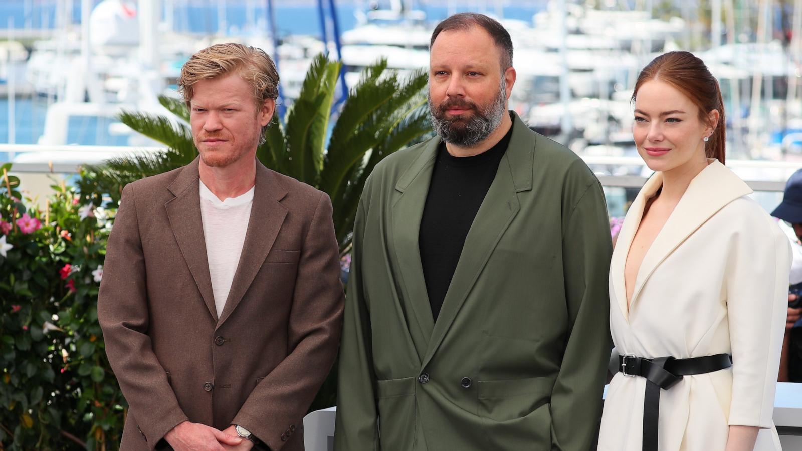 PHOTO: Jesse Plemons, Yorgos Lanthimos and Emma Stone attend the "Kinds Of Kindness" Photocall at the 77th annual Cannes Film Festival at Palais des Festivals on May 18, 2024 in Cannes, France.