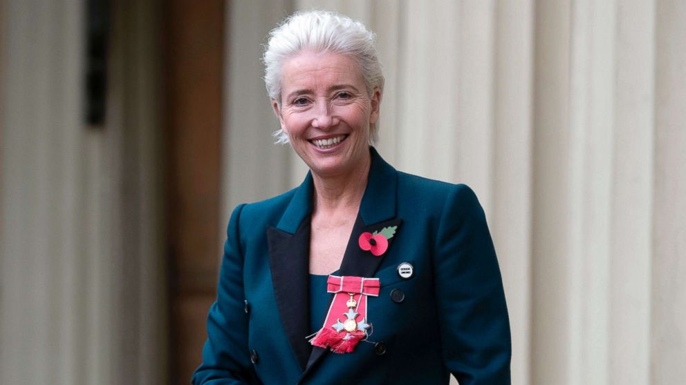 PHOTO: English actor Emma Thompson poses with her medal and insignia after she was appointed a Dame Commander of the Order of the British Empire (DBE) at an investiture ceremony at Buckingham Palace in London, Nov. 7, 2018.