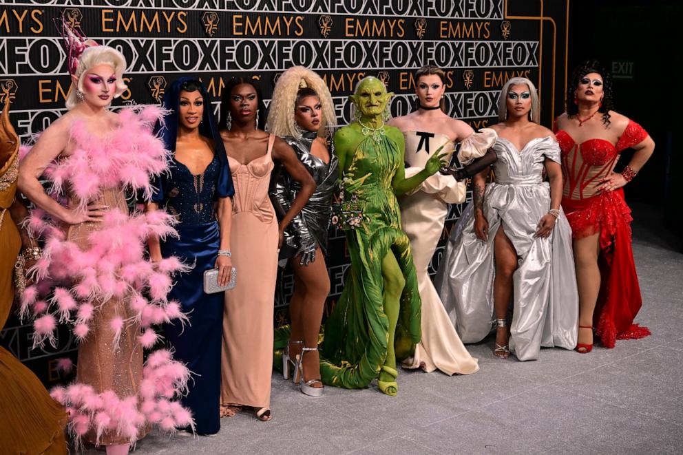 PHOTO: Drag artists from RuPaul's Drag Race arrive for the 75th Emmy Awards in Los Angeles, Jan. 15, 2024. 