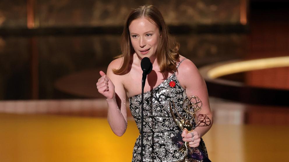 PHOTO: Hannah Einbinder accepts the Outstanding Supporting Actress in a Comedy Series award for "Hacks" onstage during the 77th Primetime Emmy Awards, September 14, 2025 in Los Angeles.