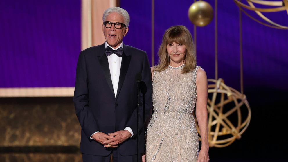 PHOTO: Ted Danson and Mary Steenburgen accept the Bob Hope Humanitarian Award onstage during the 77th Primetime Emmy Awards, September 14, 2025 in Los Angeles.