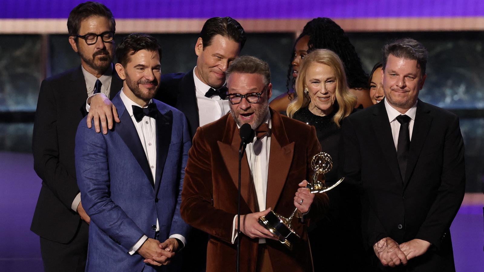 PHOTO: Seth Rogen accepts the Outstanding Comedy Series award for "The Studio" during the 77th Primetime Emmy Awards, in Los Angeles, September 14, 2025.