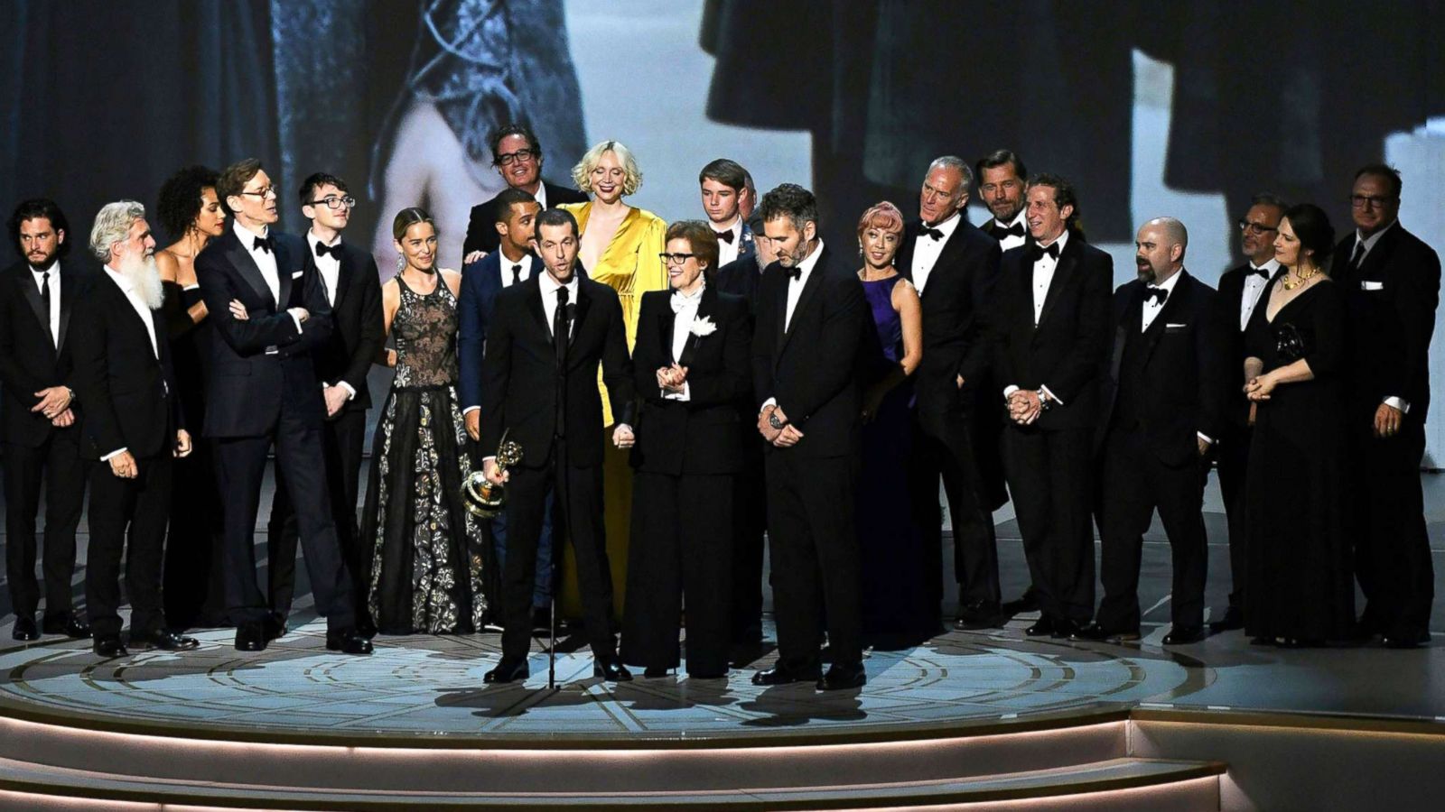 PHOTO:Writer-producer D.B. Weiss (C-L) and the cast of "Game of Thrones" accept the award Outstanding Drama series during the 70th Emmy Awards in Los Angeles, Sept. 17, 2018.