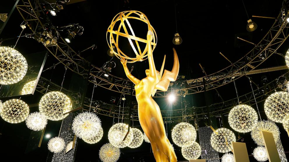 A view of the Emmy statue is seen during the 77th Primetime Emmys Press Preview at Peacock Theater on September 11, 2025 in Los Angeles, California. 