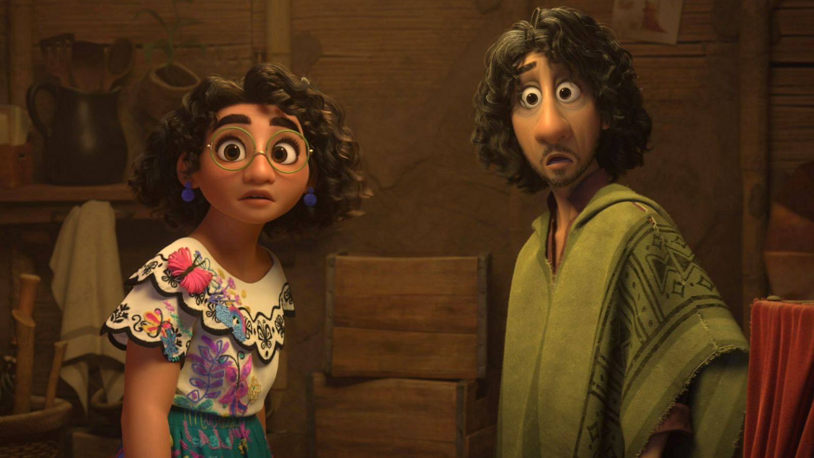 PHOTO: Mirabel and Bruno are picture in a scene from "Encanto," a movie about an extraordinary family with magical gifts. Voiced by John Leguizamo, Bruno has been estranged from the family for as long as Mirabel (voice of Stephanie Beatriz) can remember.