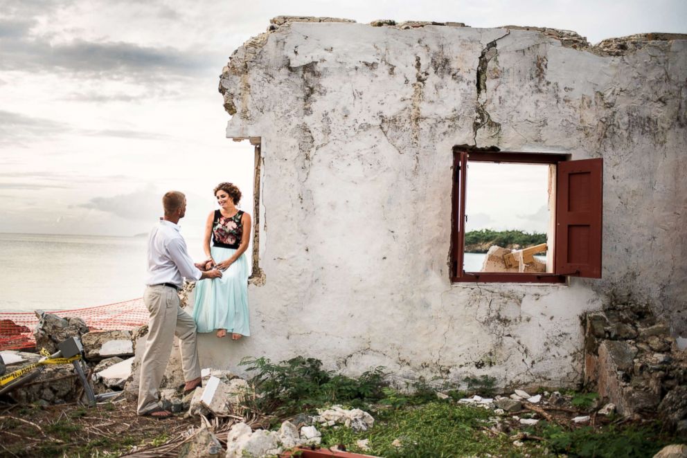 PHOTO: Weeks after Hurricane Irma ravished St. John where they lived, Marty Bruckner and Lauren Saia took their engagement photos amid the devastation.