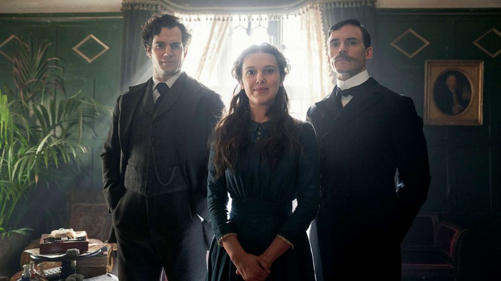 PHOTO: Henry Cavill, as
      Sherlock Holmes, Millie Bobby Brown, as Enola Holmes, and Sam
      Claflin, as Mycroft Holmes in a scene from "Enola
      Holmes."