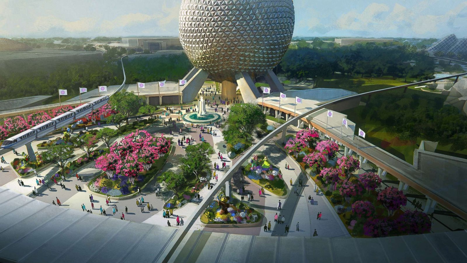 PHOTO: An artist rendering of the new entrance plaza at Epcot. This design will pay homage to the original park entrance with fresh takes on classic elements.