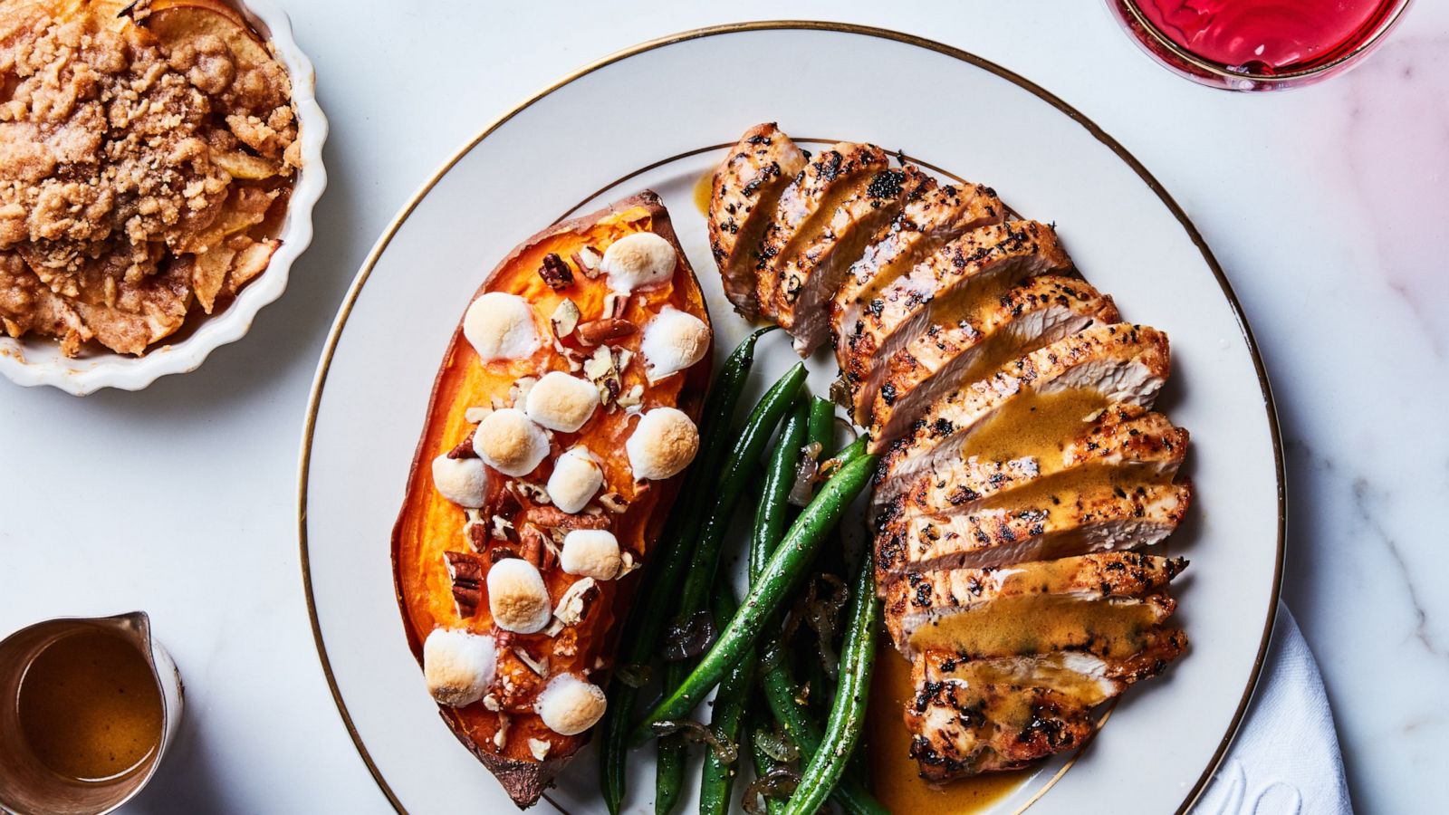 PHOTO: A Thanksgiving dinner for one with roasted sweet potato, turkey breast and apple crisp.