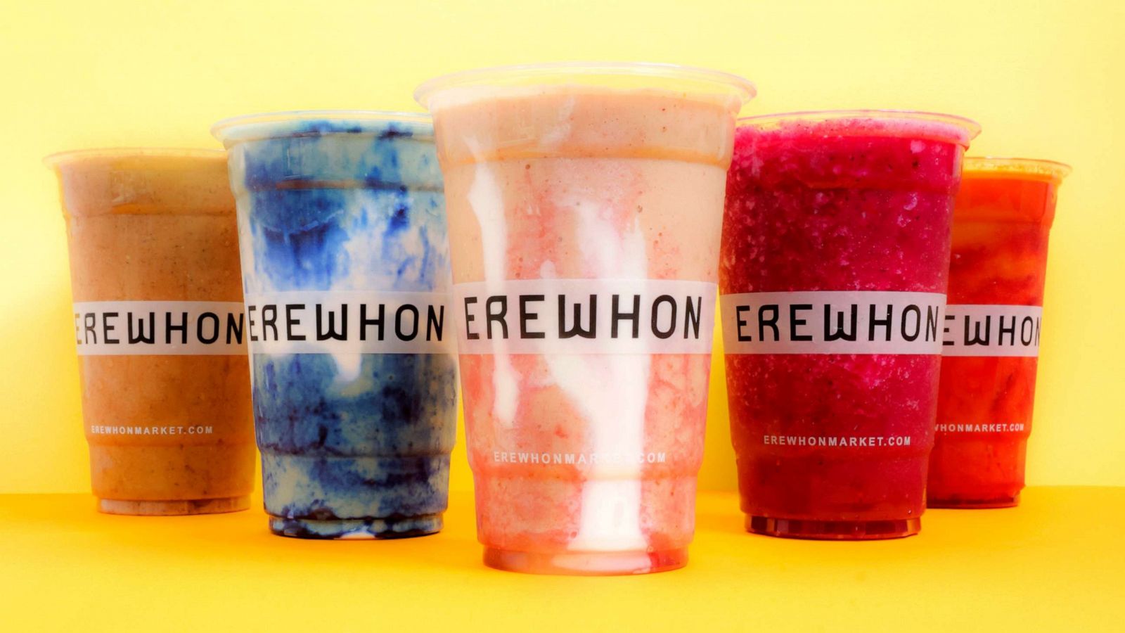 PHOTO: From left to right, Activated, Coconut Cloud, Hailey Biebers Strawberry Glaze, Pitaya and Turmeric Crush smoothies are photographed from Erewhon, June 28, 2022 in Los Angeles.