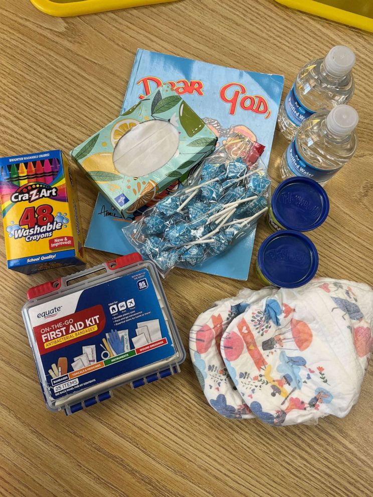 PHOTO: Erica Rogers, a preschool teacher, told "GMA" she keeps multiple items, such as a first aid kit, bottled water and crayons, with her in a backpack she carries with her at all times at school in the event on an emergency situation.
