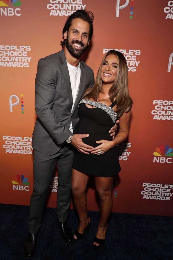 PHOTO: Eric Decker and Jessie James Decker arrive to the 2023 People's Choice Country Awards held at the Grand Ole Opry House on Sept. 28, 2023, in Nashville, Tenn.