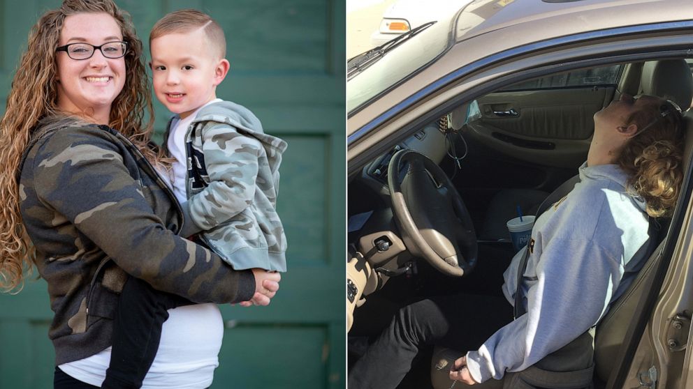 PHOTO: Erika Hurt, 28, is pictured in 2016, right, and posing with her son Parker, left, in 2019 to mark her three-year sobriety.
