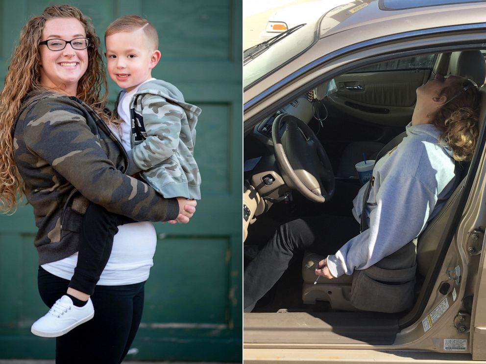 PHOTO: Erika Hurt, 28, is pictured in 2016, right, and posing with her son Parker, left, in 2019 to mark her three-year sobriety.