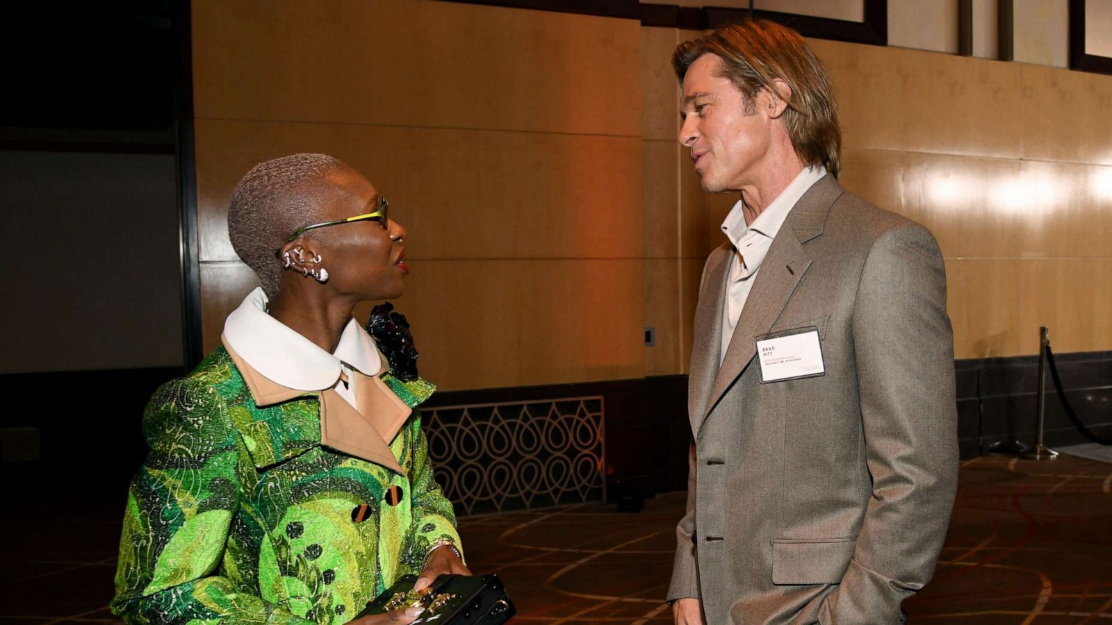 PHOTO: Brad Pitt talks with Cynthia Erivo during the 2020 Oscars Nominees Luncheon at the Dolby theatre in Hollywood, Jan. 27, 2020.