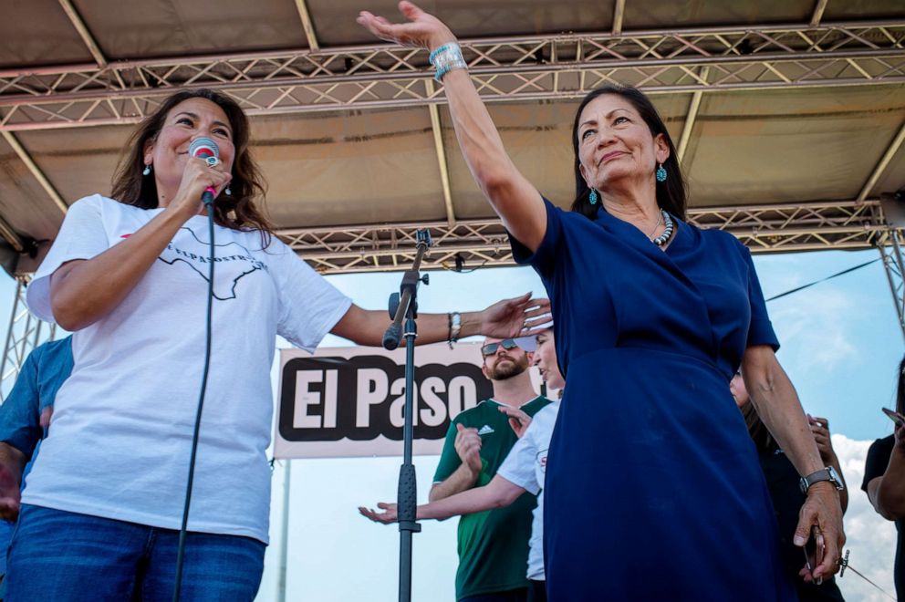 PHOTO: Representative Veronica Escobar speaks as Representative Deb Haaland waves during an El Paso Strong Community Action event in El Paso, Texas, Aug. 7, 2019.