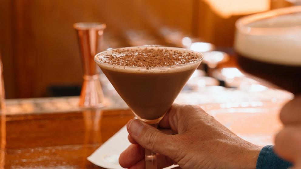 PHOTO: An espresso martini with fresh chocolate shavings on top.