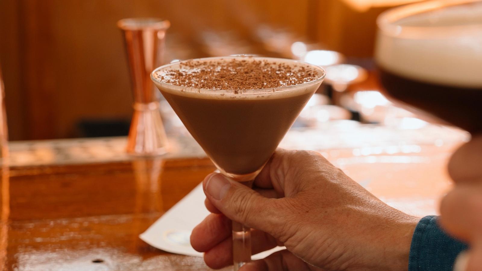 PHOTO: An espresso martini with fresh chocolate shavings on top.