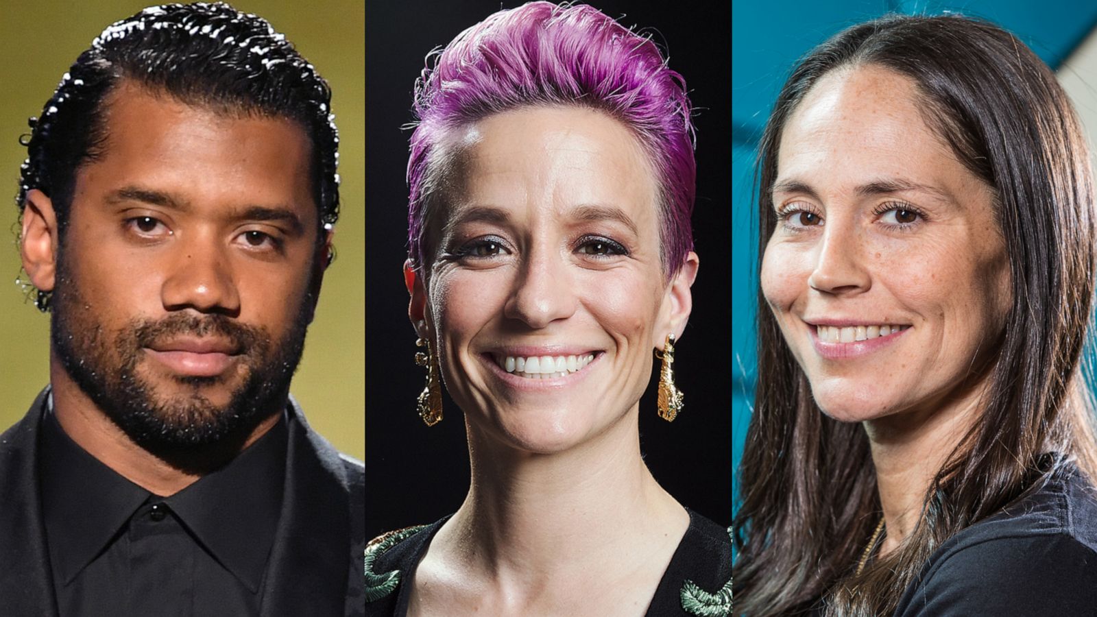 PHOTO: Russell Wilson at The 2019 ESPYs, July 10, 2019 in Los Angeles, California. | Megan Rapinoe poses for a portrait at the The Best FIFA Football Awards 2019 in Milan, Italy. | Sue Bird poses for portraits during the 2019 NBA All-Star Weekend.