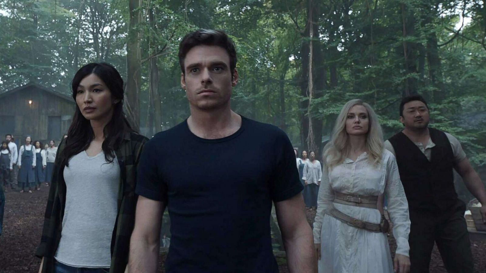 PHOTO: From left, Haris Patel as Karun, Kumail Nanjiani as Kingo, Lia McHugh as Sprite, Gemma Chan as Sersi, Richard Madden as Ikaris, Angelina Jolie as Thena, and Don Lee as Gilgamesh, in Marvel Studios' film, "Eternals."