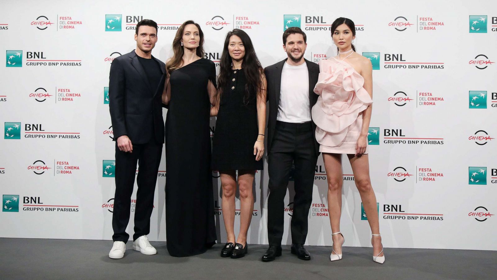 PHOTO: Richard Madden, Angelina Jolie, director Chloe Zhao, Kit Harington and Gemma Chan attend the photocall of the movie "Eternals" during the 16th Rome Film Fest 2021, Oct. 24, 2021, in Rome.