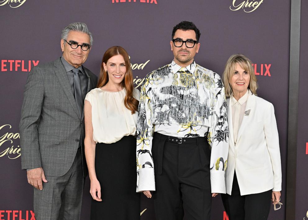 PHOTO: (L-R) Eugene Levy, Sarah Levy, Dan Levy and Deborah Divine attend the Los Angeles Premiere of Netflix's "Good Grief" at The Egyptian Theatre Hollywood, Dec. 19, 2023, in Los Angeles.