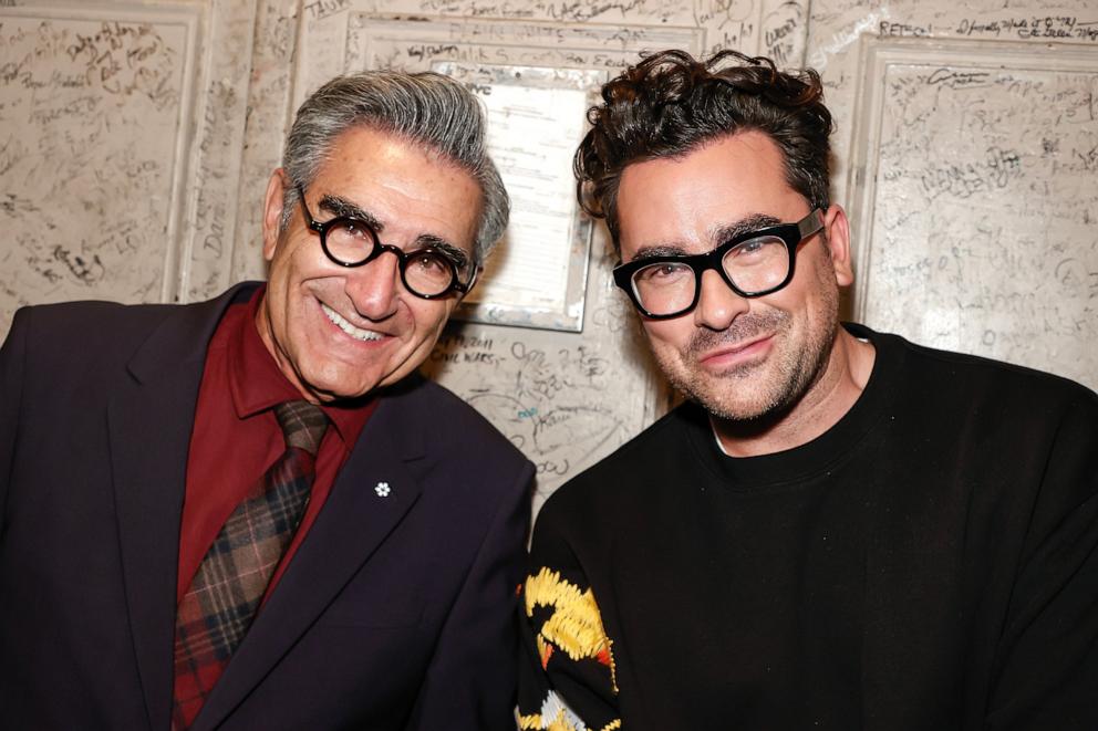 PHOTO: In this Oct. 25, 2021 file photo, Eugene Levy, left, and Dan Levy are seen during the "Best Wishes, Warmest Regards" book launch at The Beacon Theatre in New York.