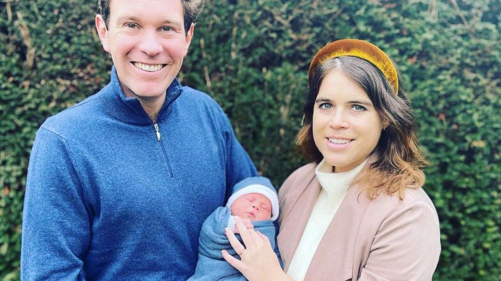 PHOTO: Princess Eugenie and her husband Jack Brooksbank smile while holding their newborn son August Philip Hawke Brooksbank in this image she posted to her Instagram account.