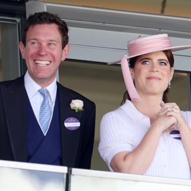 PHOTO: Jack Brooksbank and Princess Eugenie of York smile as they attend day two of Royal Ascot 2024 at Ascot Racecourse on June 19, 2024 in Ascot, England.